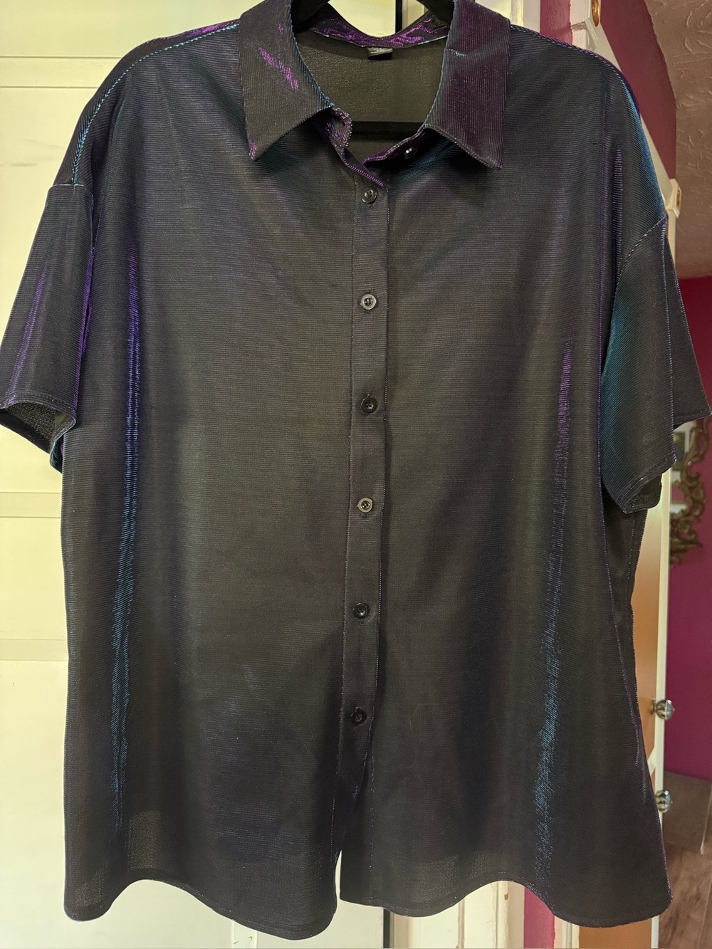 Short-Sleeve Button-Up Shirt - Black with Iridescent Sheen. Never worn